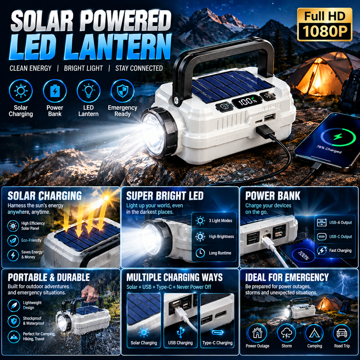 Solar Camping Lantern – 2-in-1 Light & Power Bank