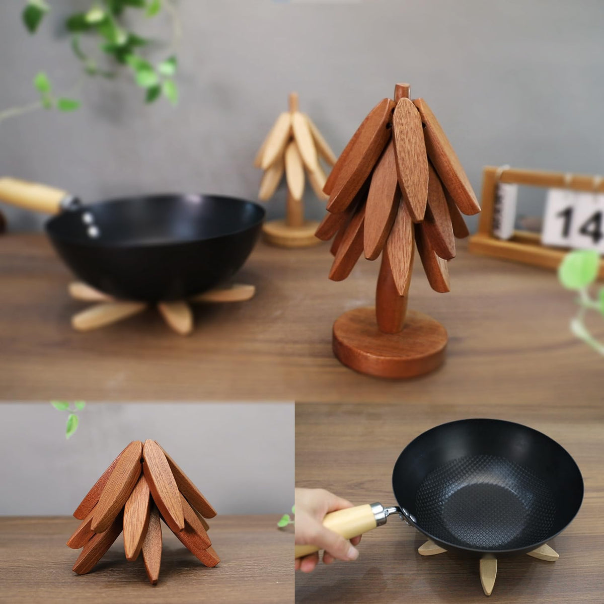 Natural Tree Trivet Set - 4 Wooden Trivets & 1 Stand Like a Christmas Tree