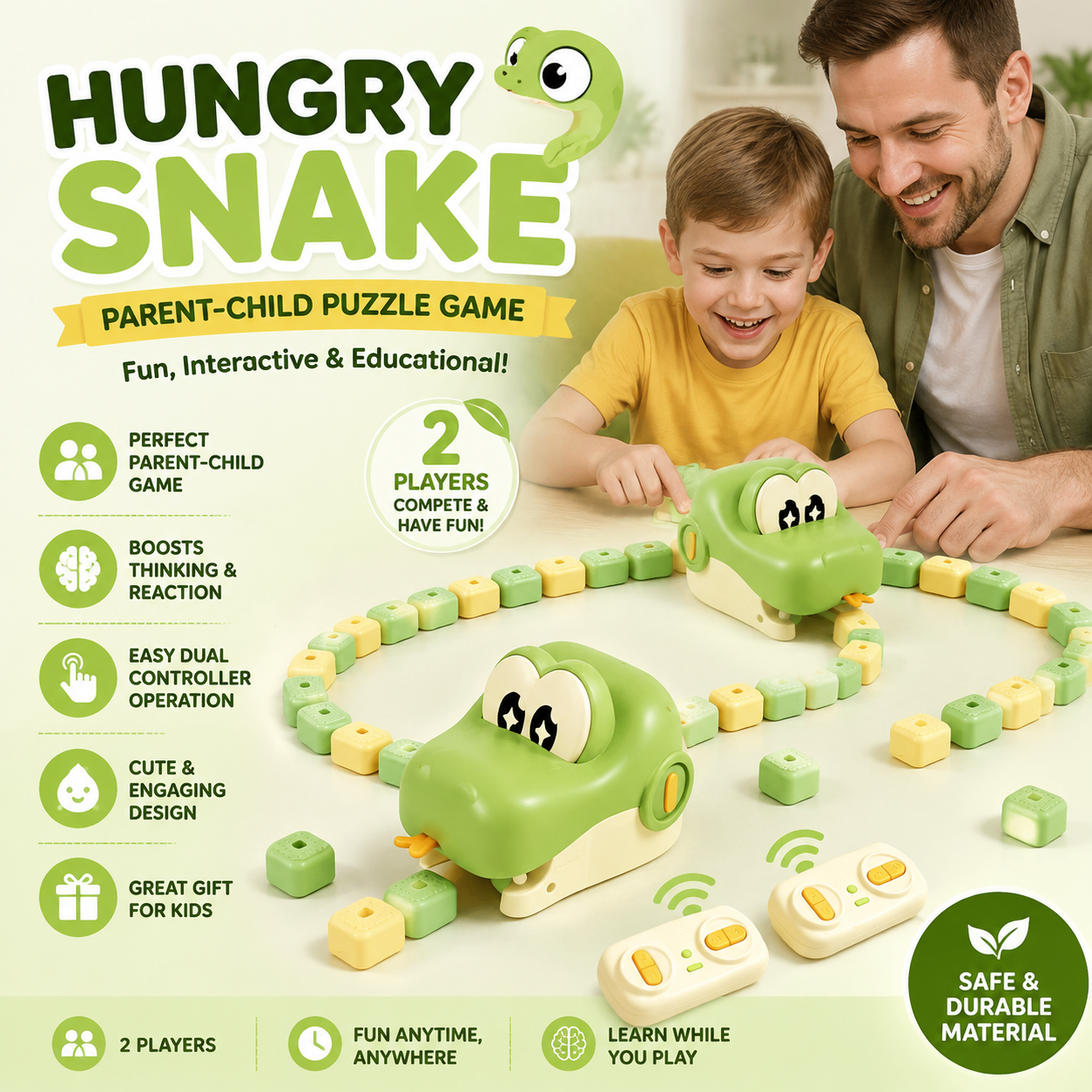 Interactive Hungry Snake Parent-Child Puzzle Game – 2 Player Educational Tabletop Toy