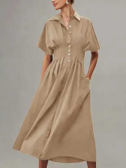 Shirt Dress for Women Summer Casual Short Sleeve Button Down Loose Pleated Maxi Sundress with Pockets