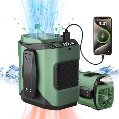 🌬️ Waist Wearable Portable Fan 🔋 Built-in 6000mAh Power Bank, 100 Speeds 5300RPM with LED Light for Work, Fishing & Camping