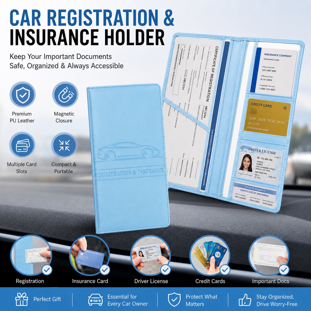 🚗 Car Registration & Insurance Document Holder | Premium PU Leather Organizer