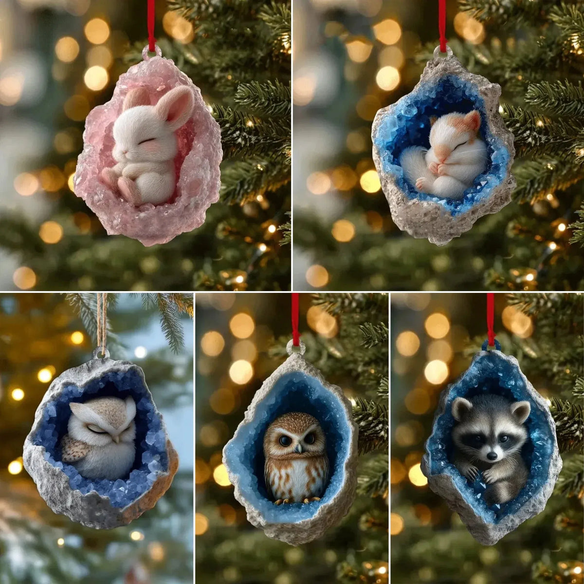 🎄Early Bird Christmas Sale 50% OFF |✨Woodland Geode Animal Ornaments – Tiny Christmas Friends Hidden in Crystal Magic