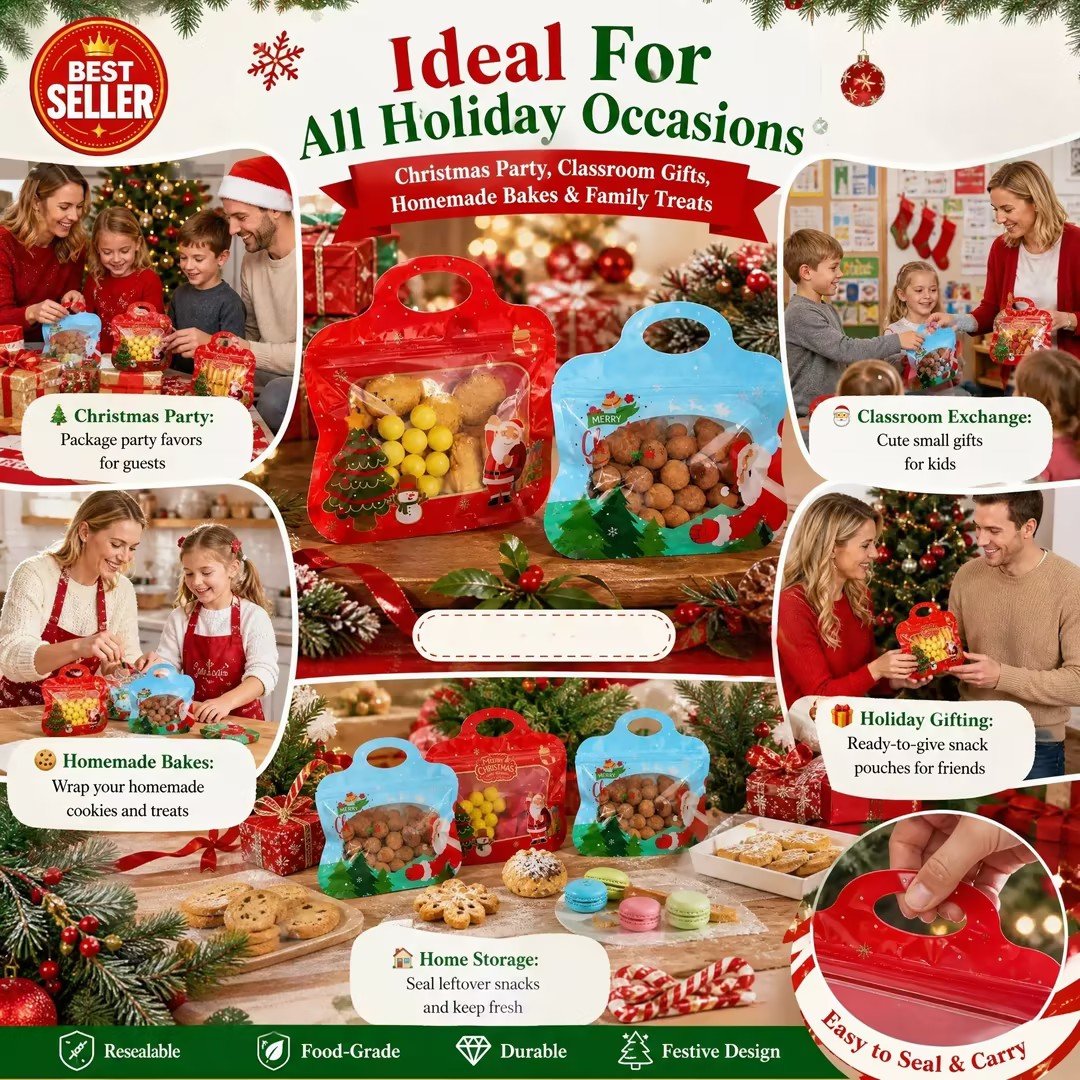 🎄Christmas Self-Sealing Treat Bags – Cute Gift Bags for Cookies & Candy