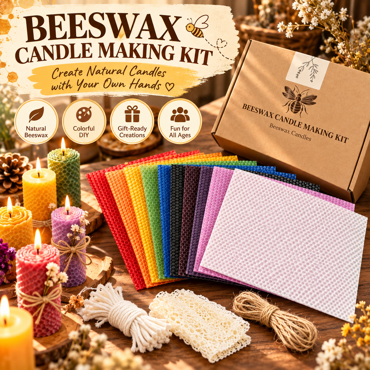 🐝Handmade Beeswax Candle Making Kit for Adults - Gift-Ready DIY Beginner Set