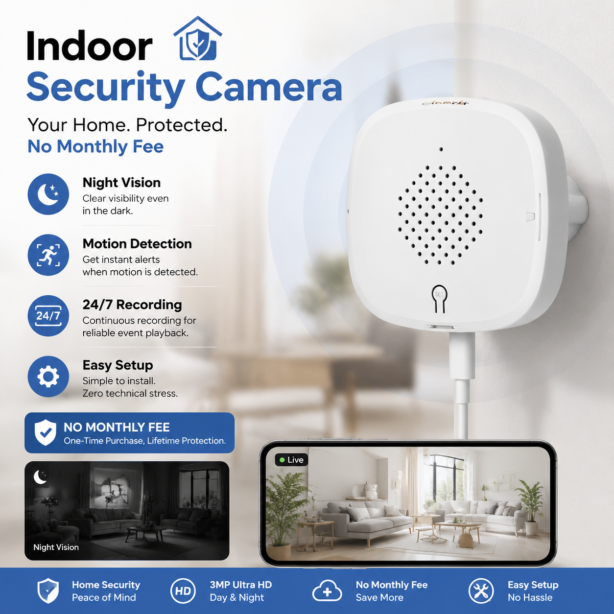 4K Indoor WiFi Security Camera with AI Detection & Color Night Vision