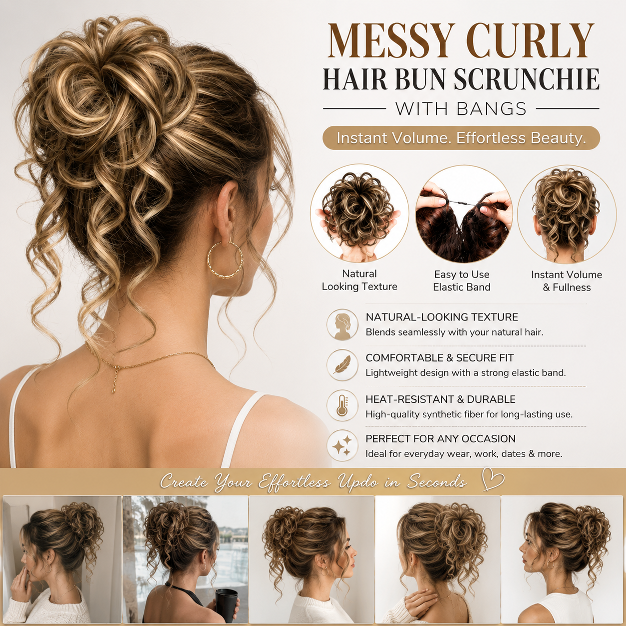 Messy Curly Hair Bun Scrunchie with Bangs – Synthetic Hairpiece