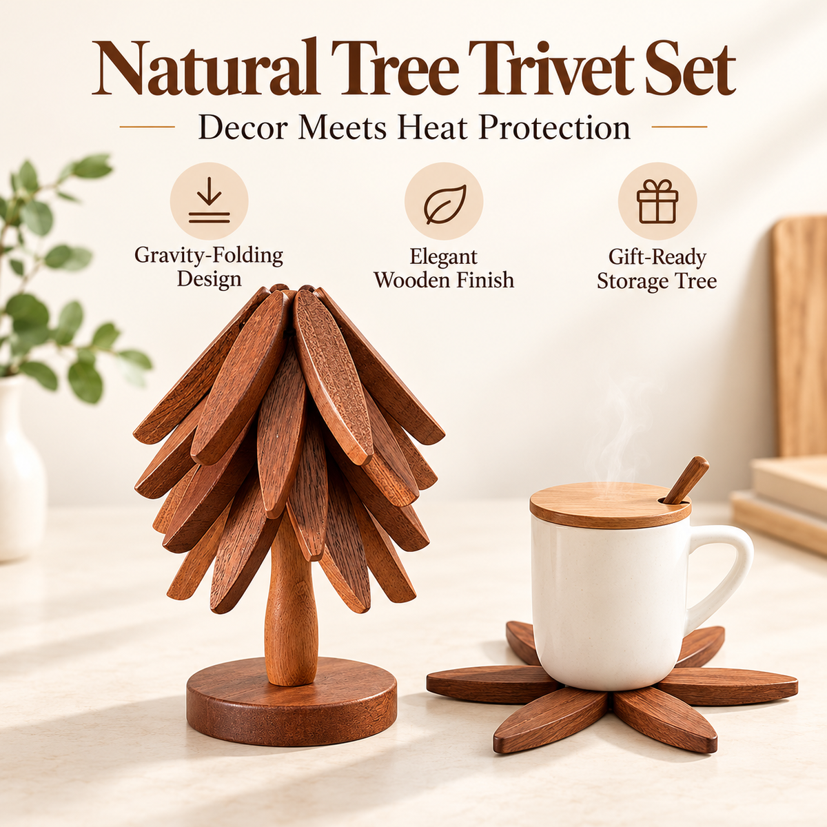 Natural Tree Trivet Set - 4 Wooden Trivets & 1 Stand Like a Christmas Tree