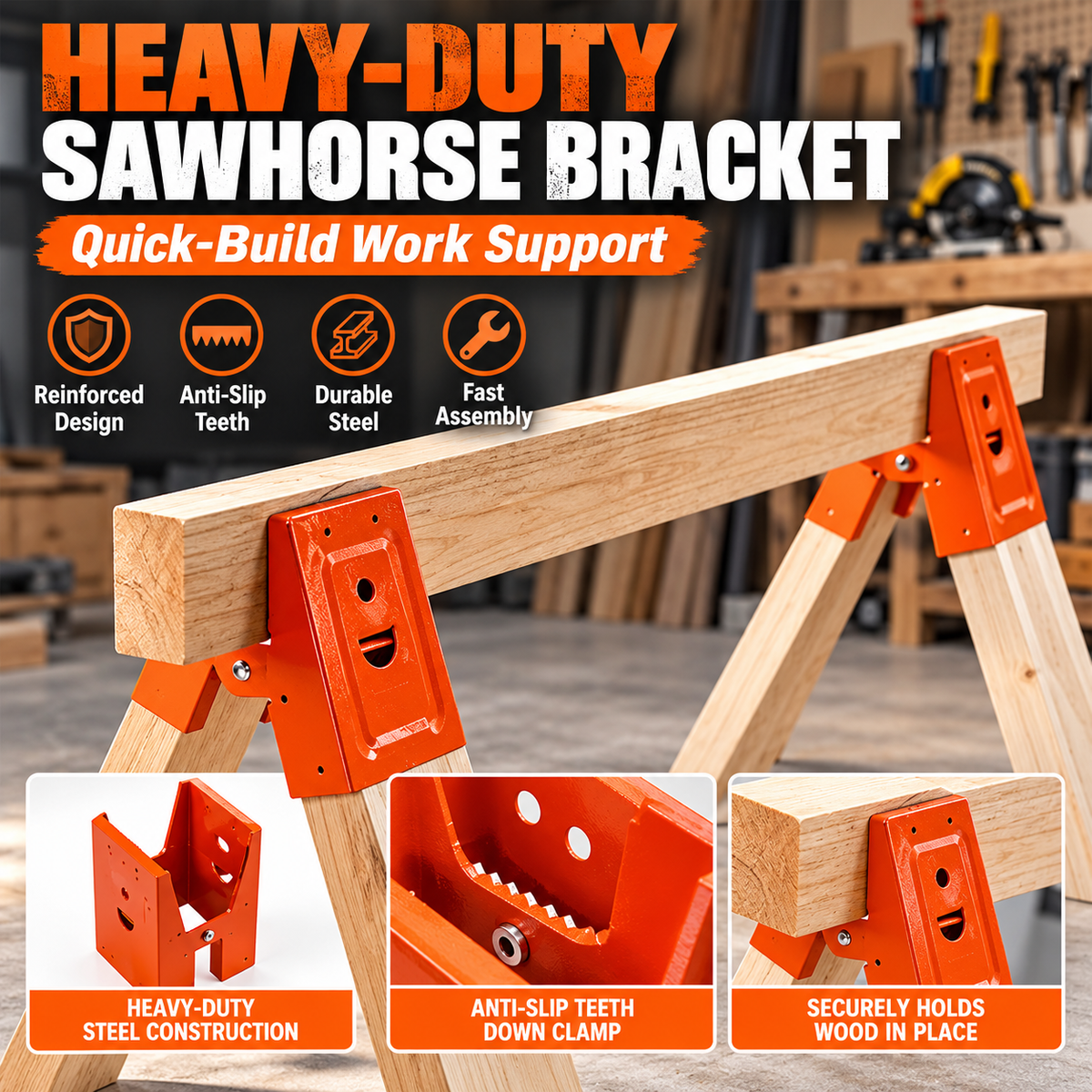 Heavy-Duty Sawhorse Bracket with Down Clamp