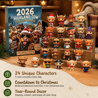 🐂🎄 2026 Highland Cow 24‐Day Christmas Advent Calendar Collectible 3D Figurines