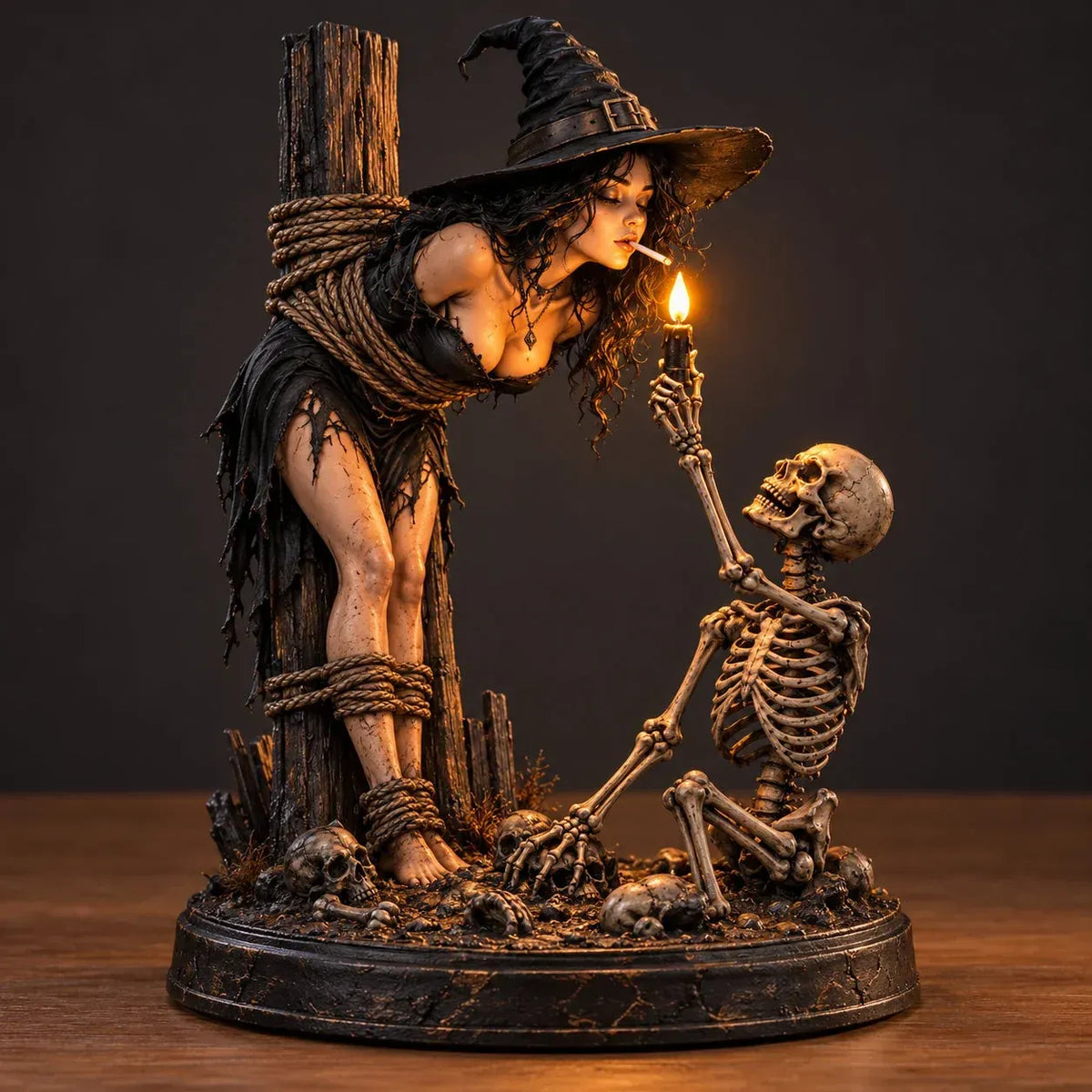 🖤 Light-Up Witch & Skeleton Gothic Figurine | Dark Halloween Tabletop Scene with Glowing Flame Detail 🔥