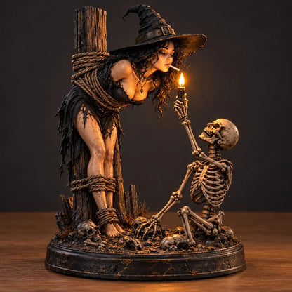 🖤 Light-Up Witch & Skeleton Gothic Figurine | Dark Halloween Tabletop Scene with Glowing Flame Detail 🔥