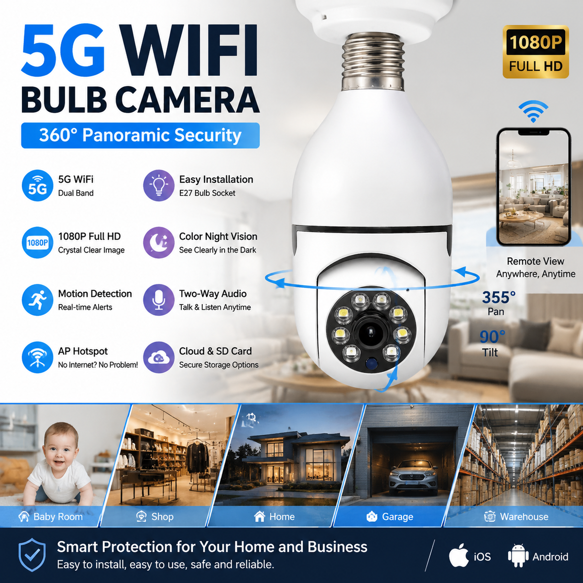 5G Wireless Wifi Light Bulb Security Camera