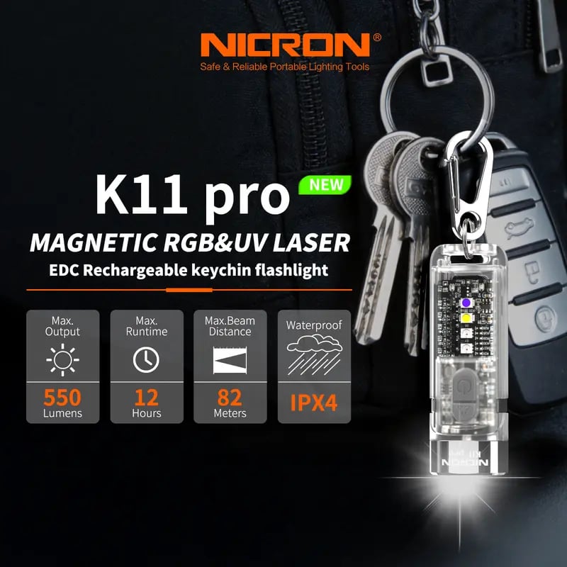Nicron K11 Pro Magnetic Keychain Flashlight – 550 Lumens RGB + UV, 12H Runtime, IPX4 Waterproof EDC Light for Camping & Emergency