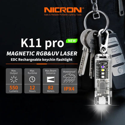 Nicron K11 Pro Magnetic Keychain Flashlight – 550 Lumens RGB + UV, 12H Runtime, IPX4 Waterproof EDC Light for Camping & Emergency