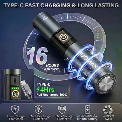 🔦SUOMAX 1501 5-in-1 Strong Flashlight, 1800LM Super Bright LED Light,  Five color flashlight, USB-C Rechargeable Pocket Torch Light, Magnetic lamp, IPX4 Waterproof
