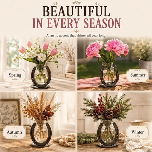 Rustic Horseshoe Flower Vase, Farmhouse Glass Bud Vase Decor with Matte Cast Iron Horseshoe Stand