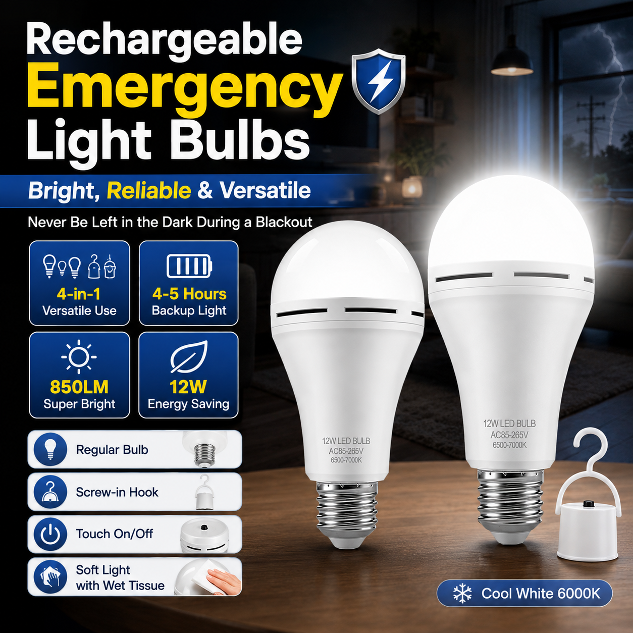 💡 Never Be Left in the Dark ⚡ Rechargeable Emergency Light Bulbs - Bright, Reliable & Versatile 🔋