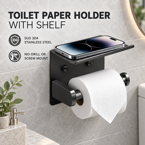 DGAPHRO Black Stainless Steel Toilet Paper Holder with Shelf for Bathroom and Kitchen