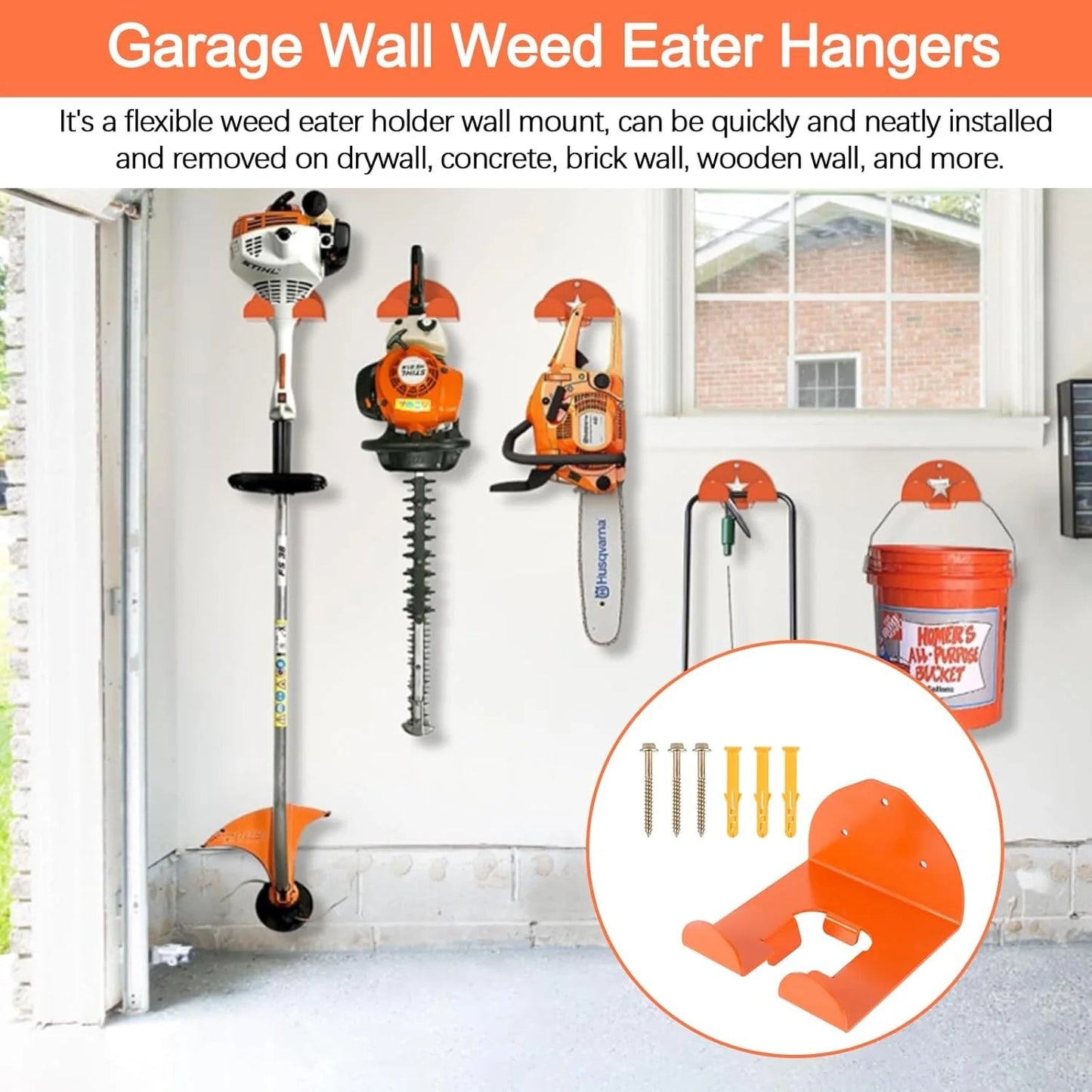 Garage Organizer Wall Hanger - Garden Tool Rack for Grass Trimmer, Hedge Trimmer, Garage Tools