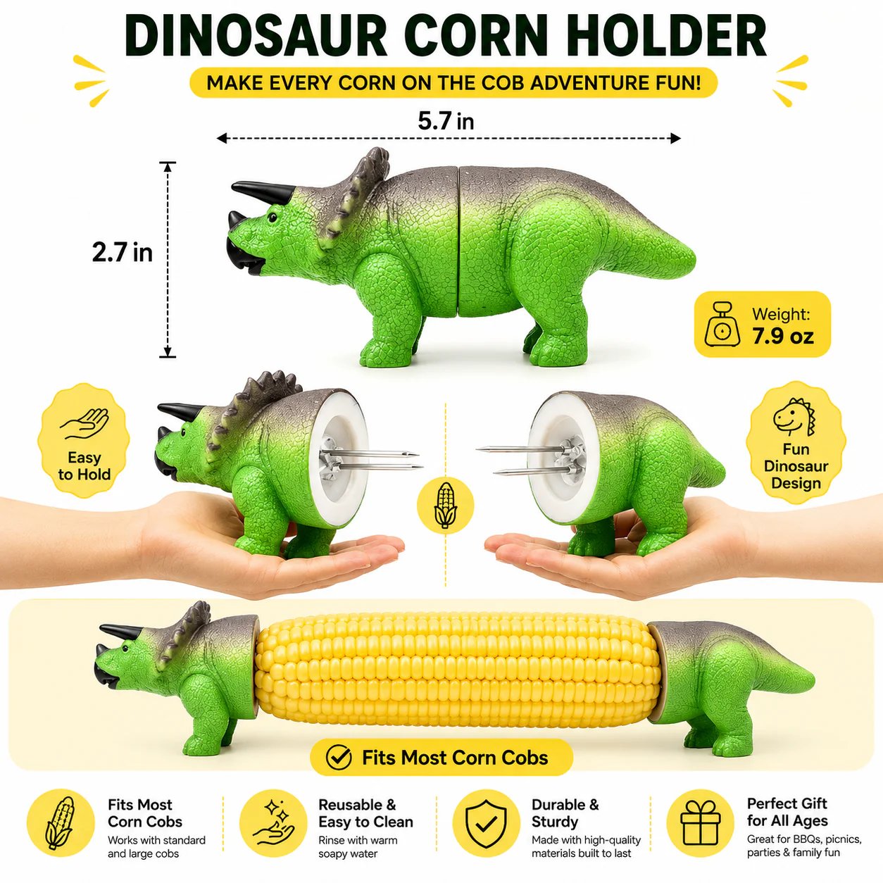 🔥Last Day 50% OFF - 🦖 Cute Dinosaur Corn Holders – Fun Stainless Steel BBQ Kitchen Gadget Set