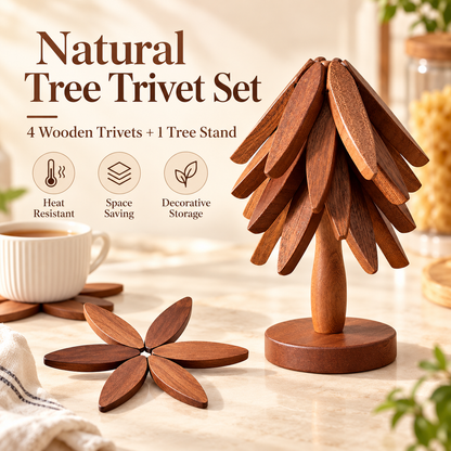 Natural Tree Trivet Set - 4 Wooden Trivets & 1 Stand Like a Christmas Tree