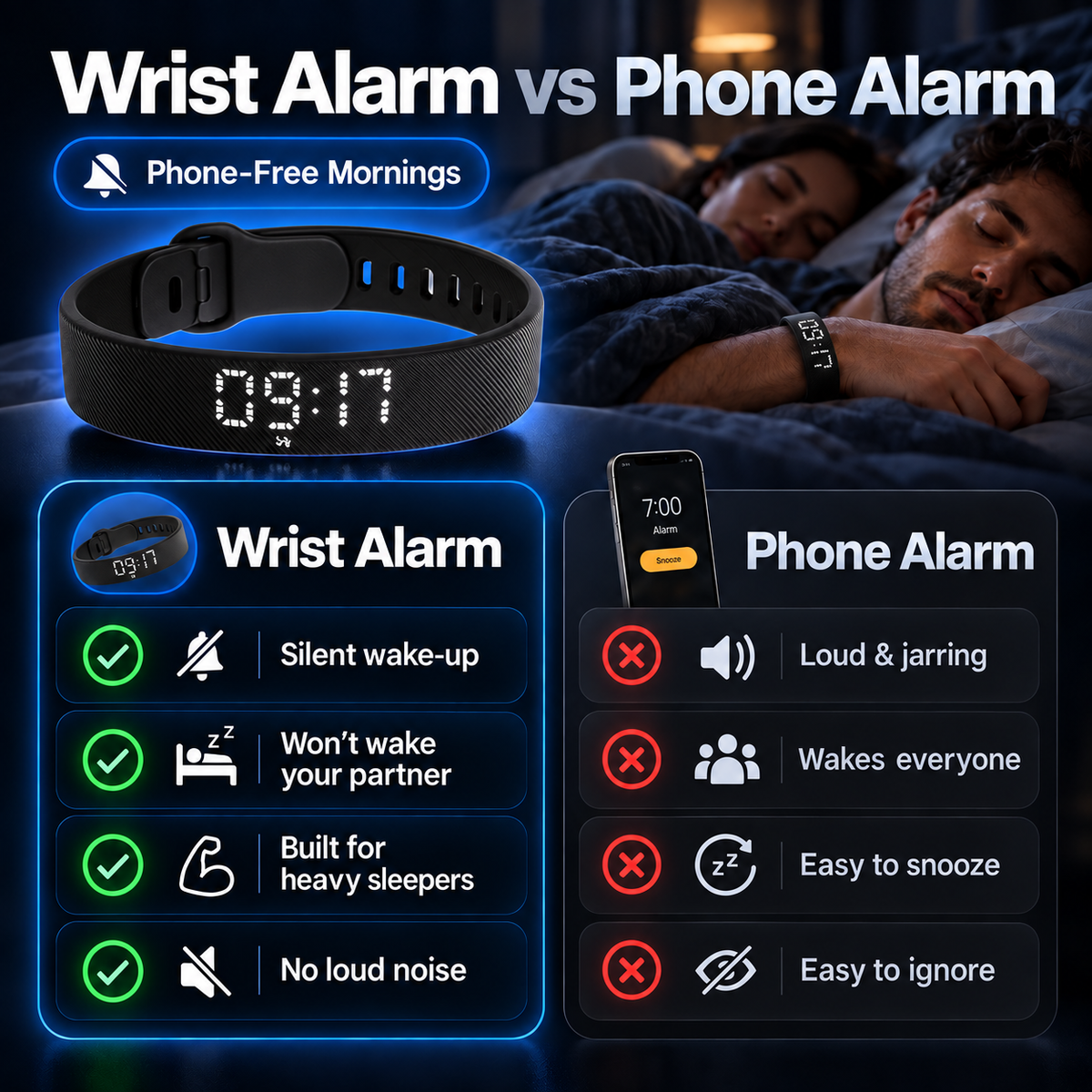 Silent vibrating alarm clock – features two vibration intensity levels.