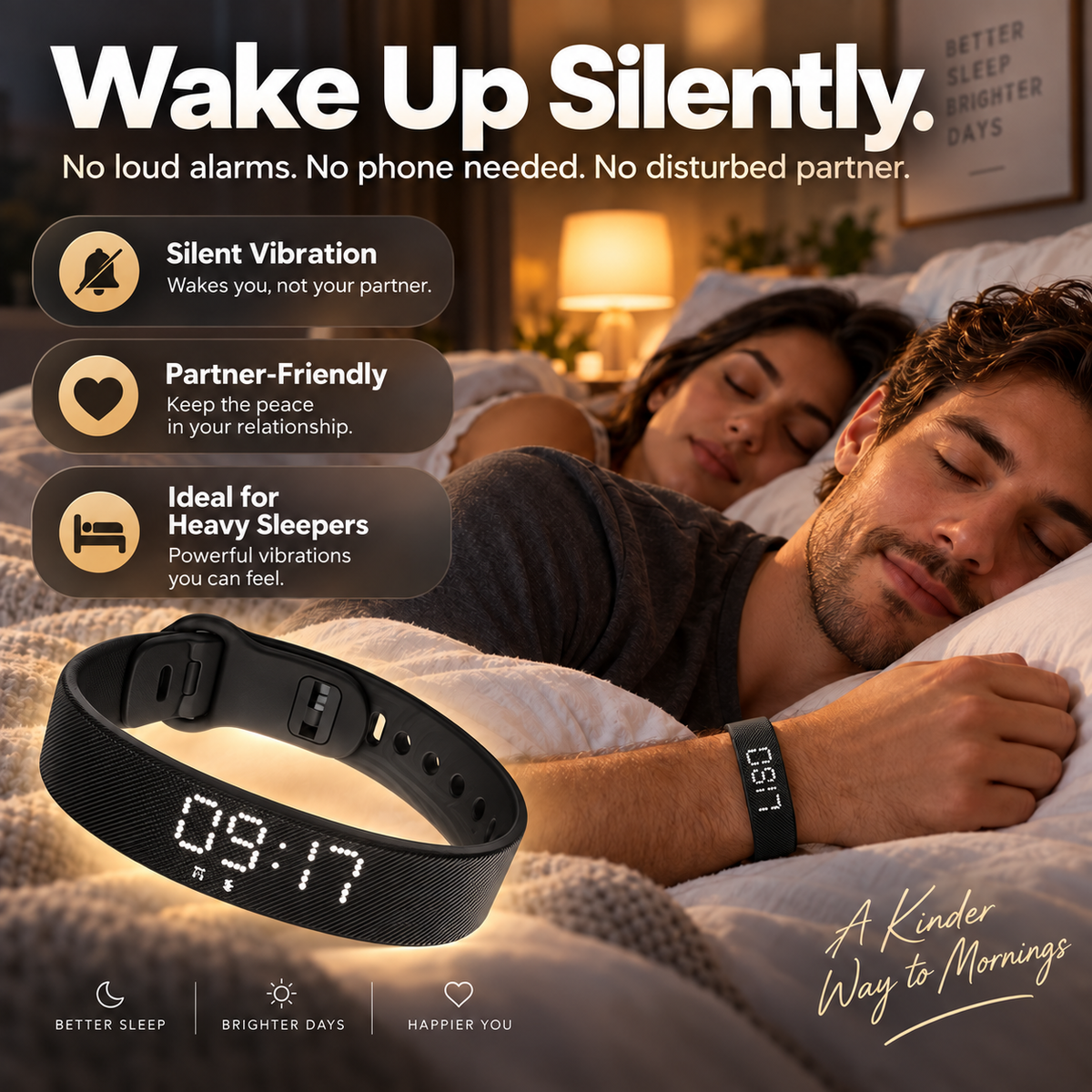 Silent vibrating alarm clock – features two vibration intensity levels.