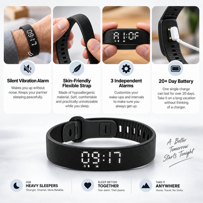Silent vibrating alarm clock – features two vibration intensity levels.