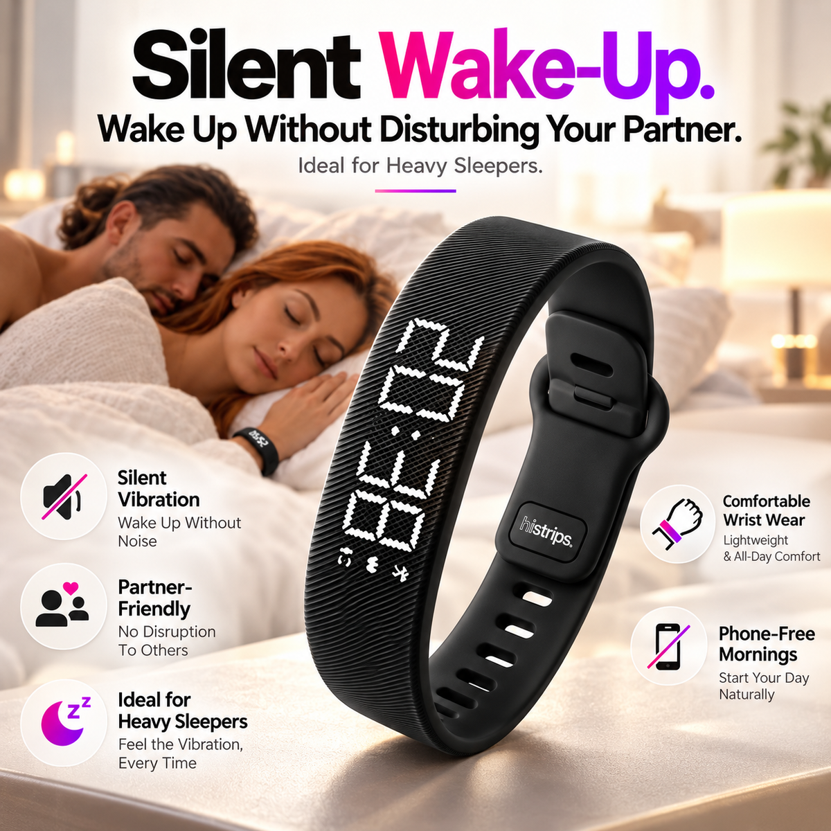 Silent vibrating alarm clock – features two vibration intensity levels.