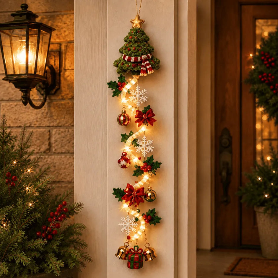 ⏳ – 🎄MerryCascade™ Glowing Christmas Door Hanger | 6 Festive Lighted Designs with Warm Glow, Dimensional Details & Space-Saving Vertical Décor ✨