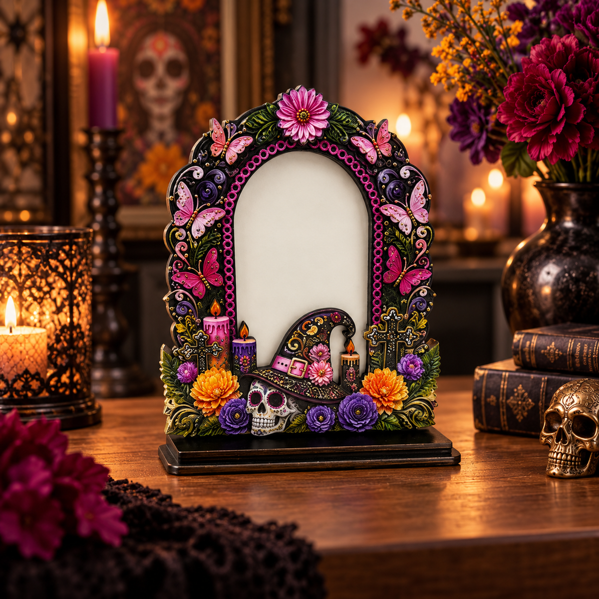 Day of the Dead Handcrafted Memorial Photo Frame Set—6 Colorful Wooden Offering Photo Frames