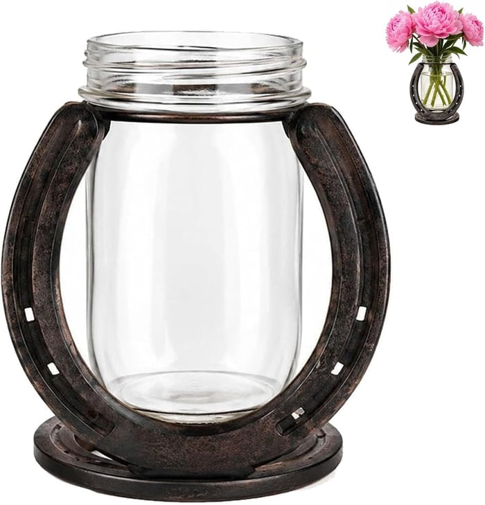 Rustic Horseshoe Flower Vase, Farmhouse Glass Bud Vase Decor with Matte Cast Iron Horseshoe Stand