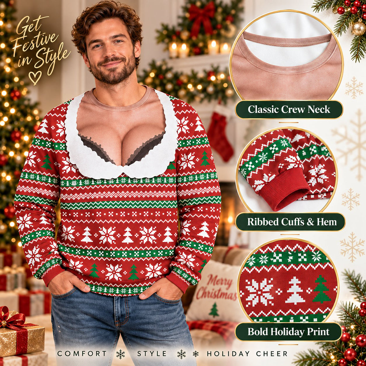 Fake low-cut Christmas crew neck sweater
