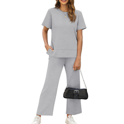 casual summer set featuring loose, wide-leg trousers—perfect for airport travel, beach vacations, and downtime; designed with short sleeves and soft, comfortable fabric