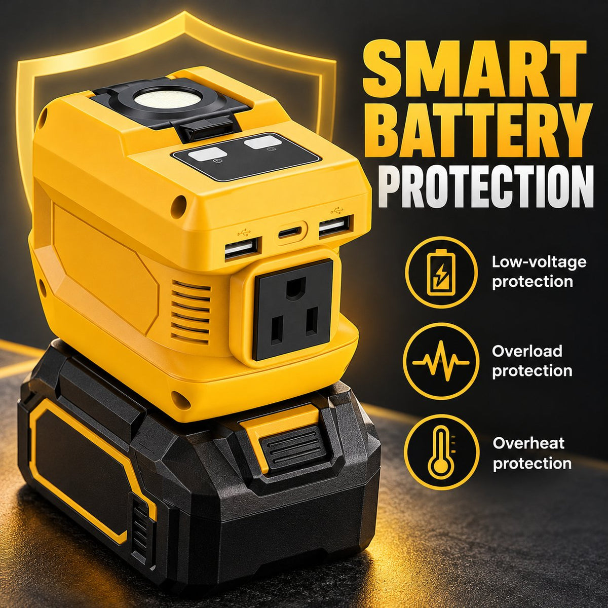 2-in-1 Portable Power Inverter & Floodlight | Convert Tool Batteries to 110V AC