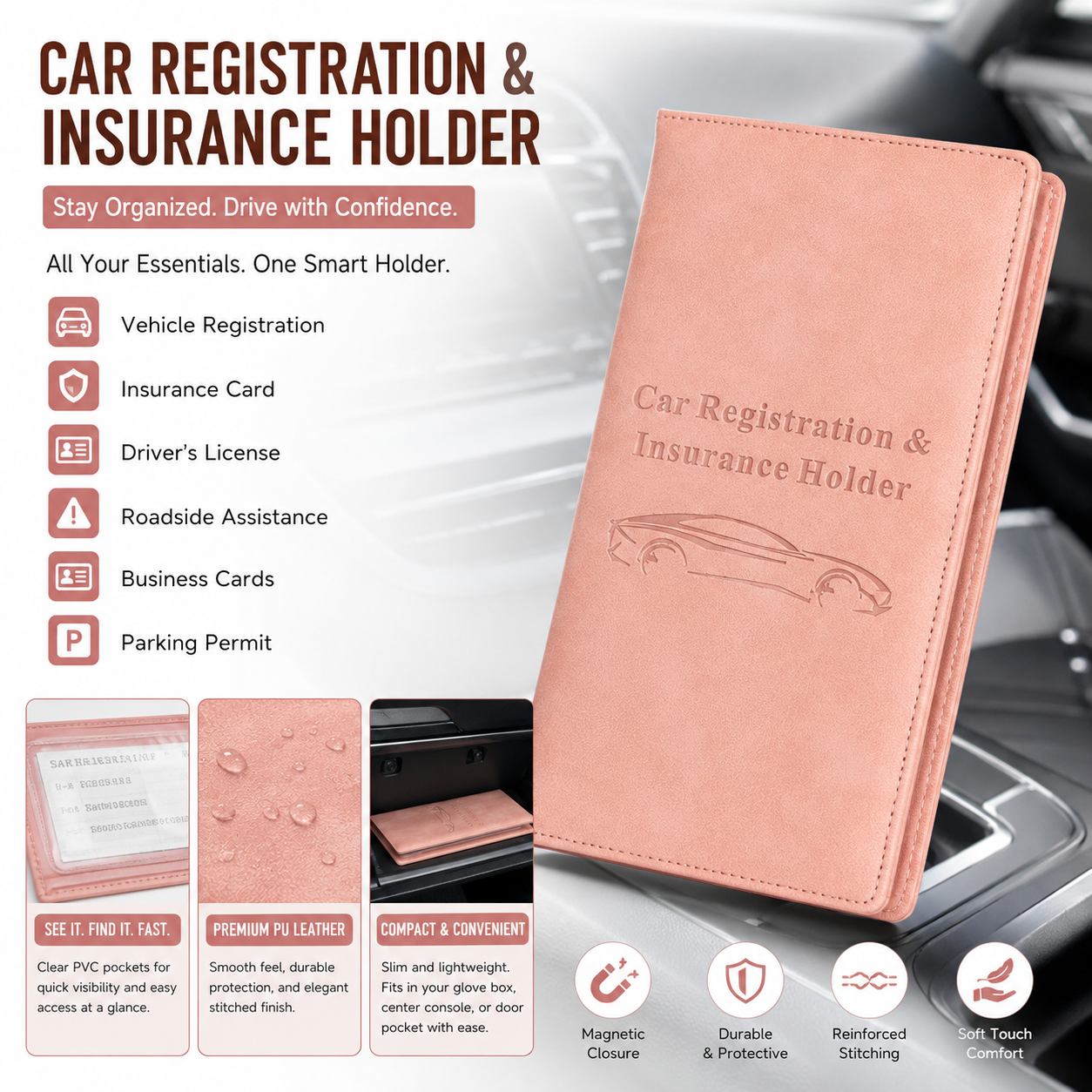 🚗 Car Registration & Insurance Document Holder | Premium PU Leather Organizer