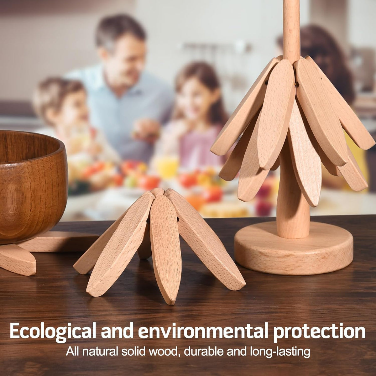 Natural Tree Trivet Set - 4 Wooden Trivets & 1 Stand Like a Christmas Tree