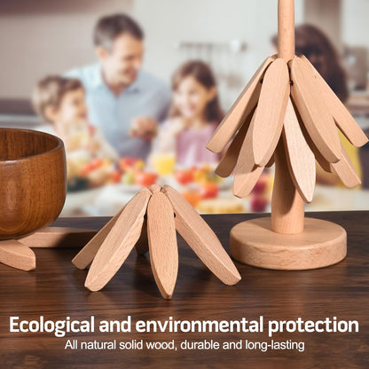 Natural Tree Trivet Set - 4 Wooden Trivets & 1 Stand Like a Christmas Tree