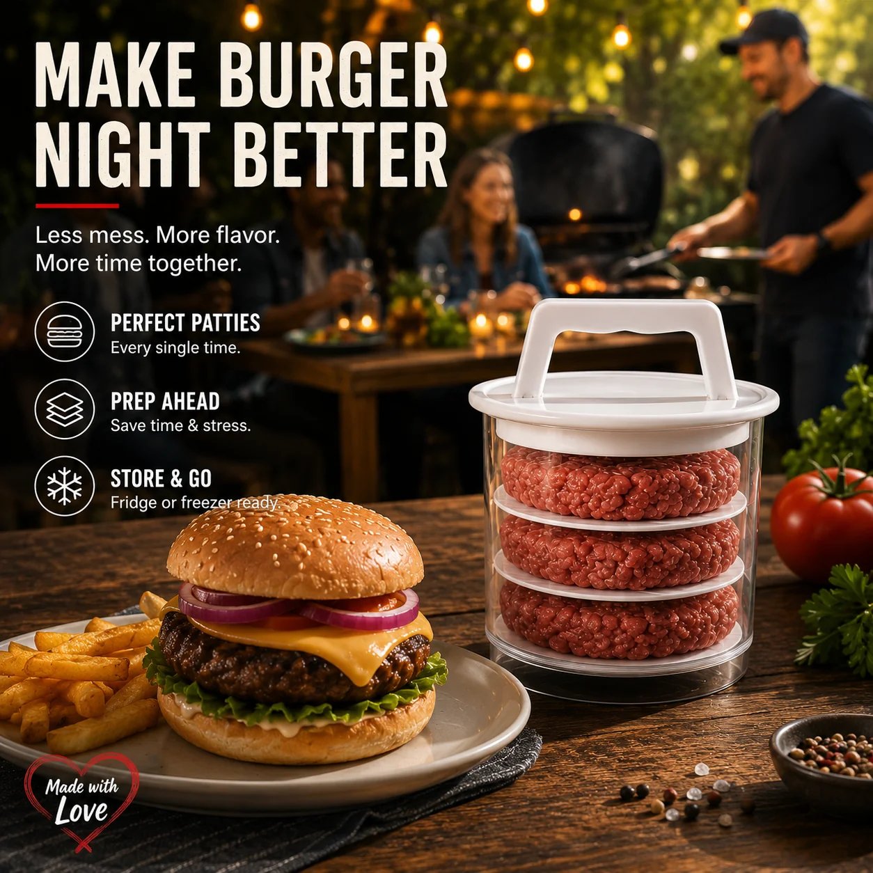 ⏰Limited Stock 60% OFF🍔Non-Stick Burger Mold Shaper with Freezer Storage Container - 12-Piece Set with 8-Layer Plastic Discs