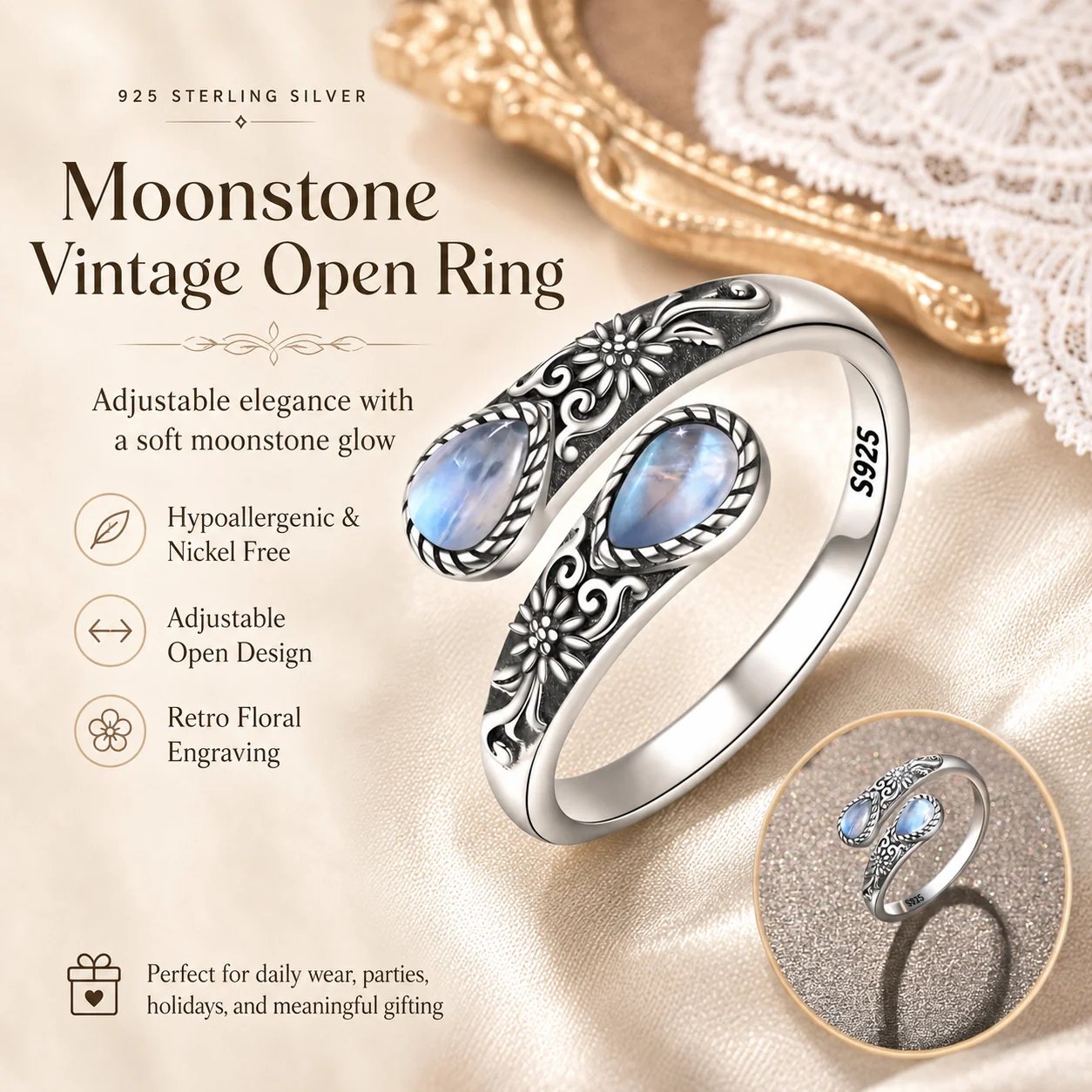 Vintage Moonstone Open Ring • Adjustable Open Band