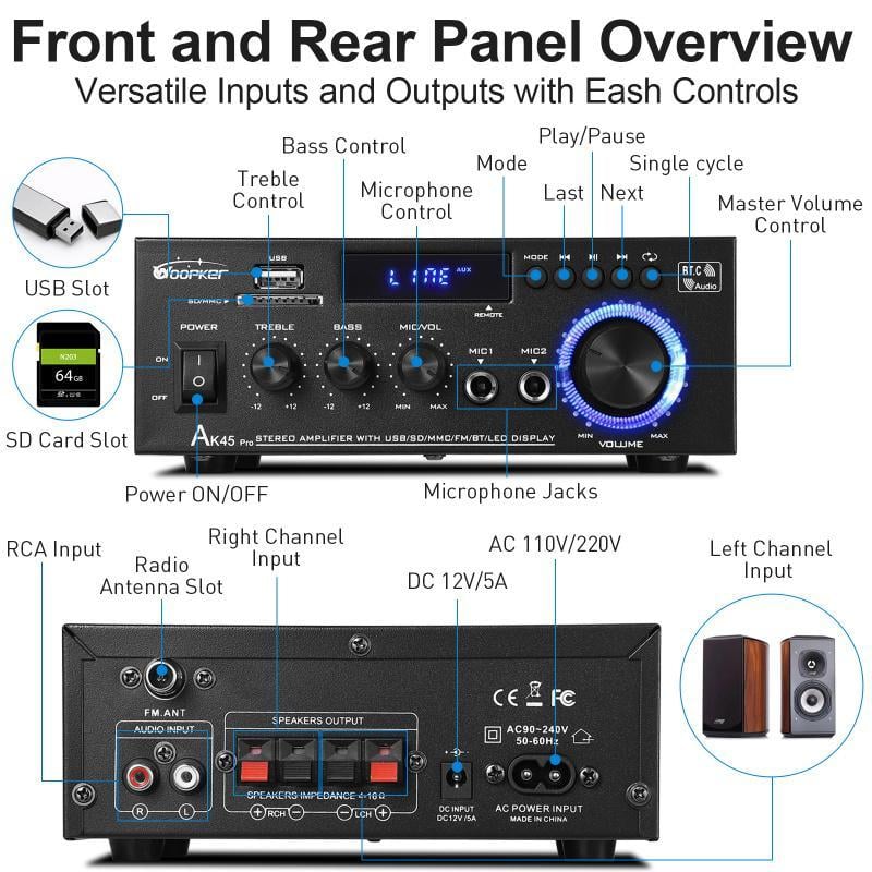 AK45 300W/AK45 Pro 400W Bluetooth 5.0 Stereo Amplifier