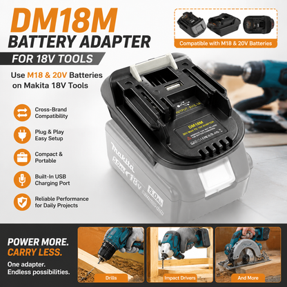 🔋 DM18M Battery Adapter for 18V Tools – Converts 18V & 20V Power Batteries to 18V LXT Tools with USB Charging Port