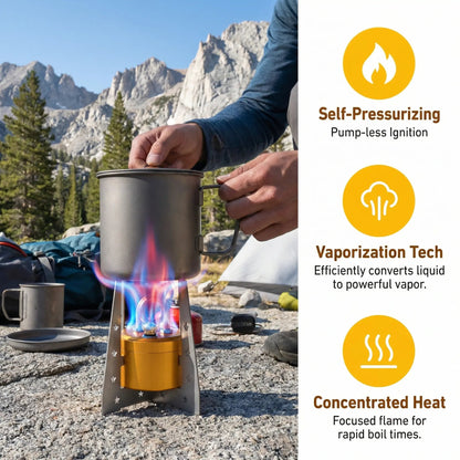 🔥Self-Pressurized Alcohol Stove – Lightweight Aluminum & Copper Burner for Hiking, Camping & Survival, High-Efficiency Cooking with Windproof Stand, Compact & Portable