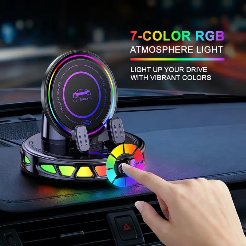 360° Rotating Wireless Charging Car Phone Mount with RGB LED Lights