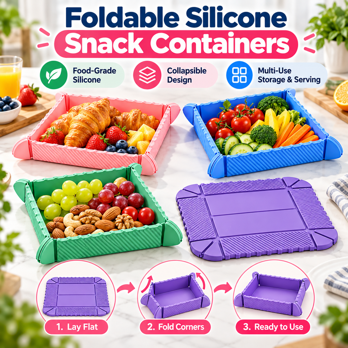 Magnetic Foldable Silicone Snack Tray – 4-in-1 Multi-Purpose Mat