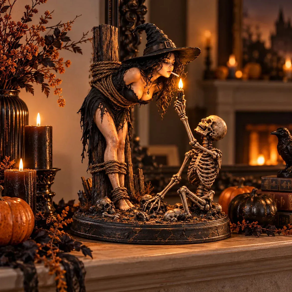 🖤 Light-Up Witch & Skeleton Gothic Figurine | Dark Halloween Tabletop Scene with Glowing Flame Detail 🔥