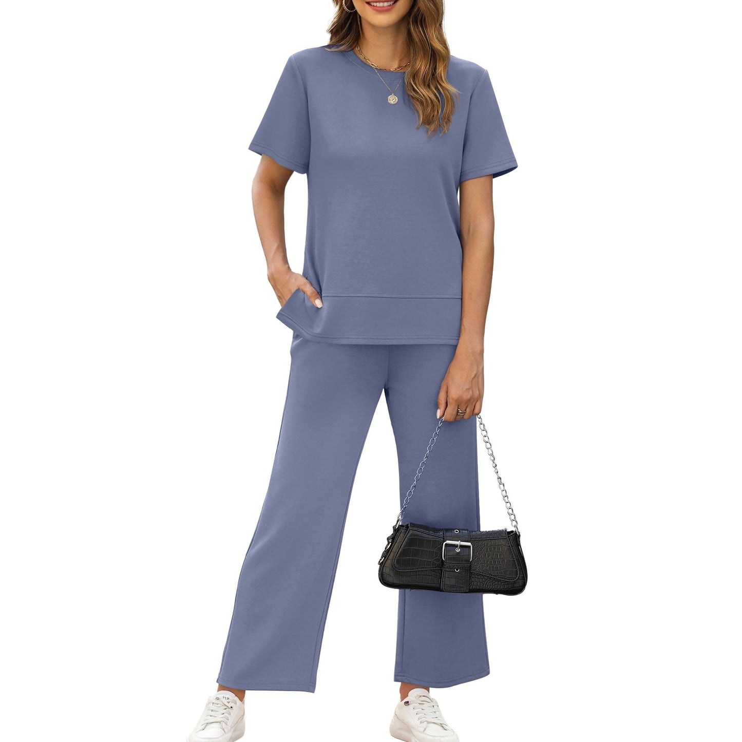 casual summer set featuring loose, wide-leg trousers—perfect for airport travel, beach vacations, and downtime; designed with short sleeves and soft, comfortable fabric
