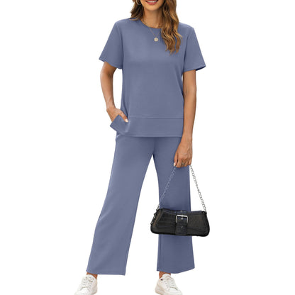 casual summer set featuring loose, wide-leg trousers—perfect for airport travel, beach vacations, and downtime; designed with short sleeves and soft, comfortable fabric