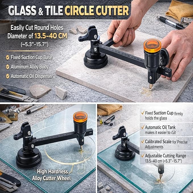 Glass Circle Cutter Tool for Tiles and Ceramics with Adjustable Features